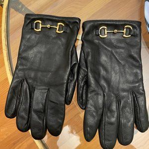 Gucci Black Leather Gloves with Gold-tone Horsebit S Men's/XL Women's